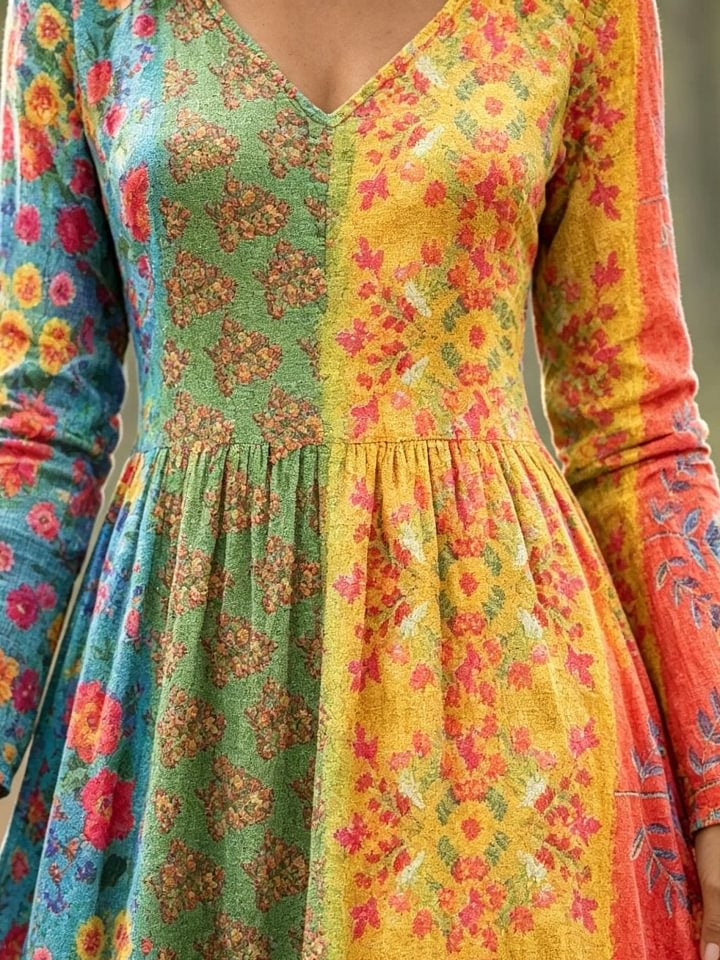 Women's Rainbow Floral Patchwork Print Cotton Maxi Dress