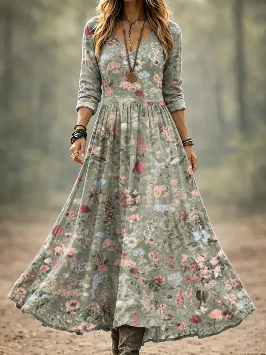Women's Watercolor Floral Print Cotton Maxi Dress