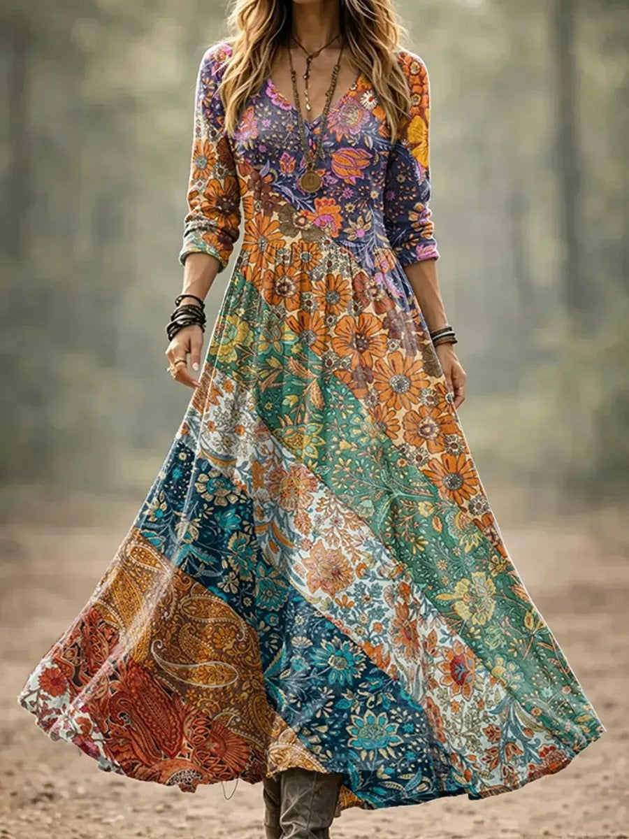Women's Boho Floral Patchwork Print Cotton Maxi Dress