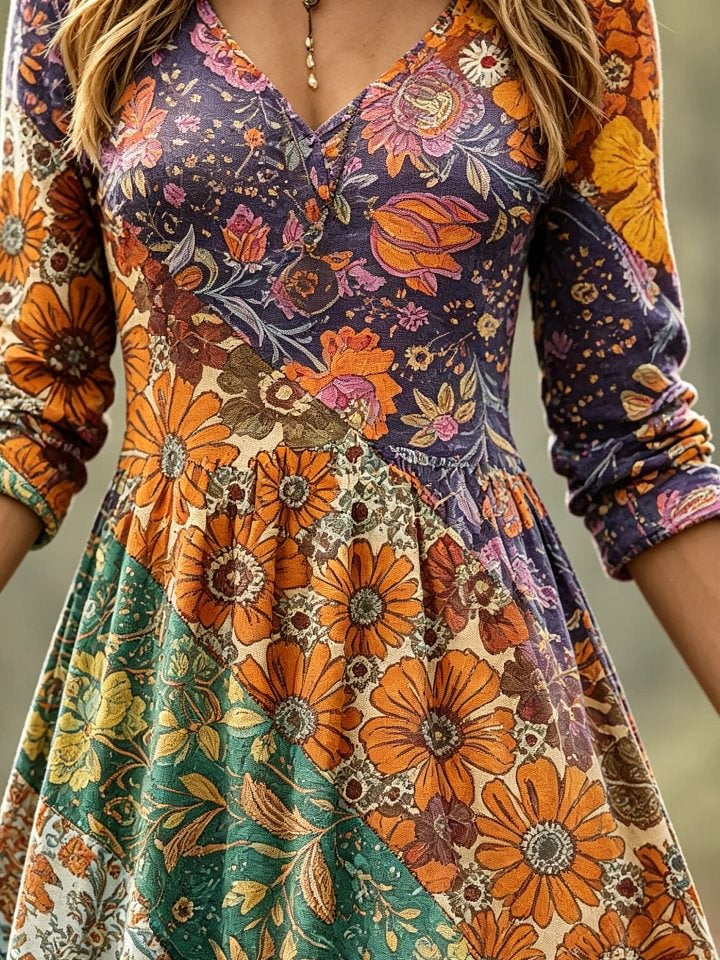 Women's Boho Floral Patchwork Print Cotton Maxi Dress