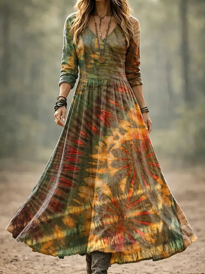 Women's Tie-Dye Sunflower Print Cotton Maxi Dress