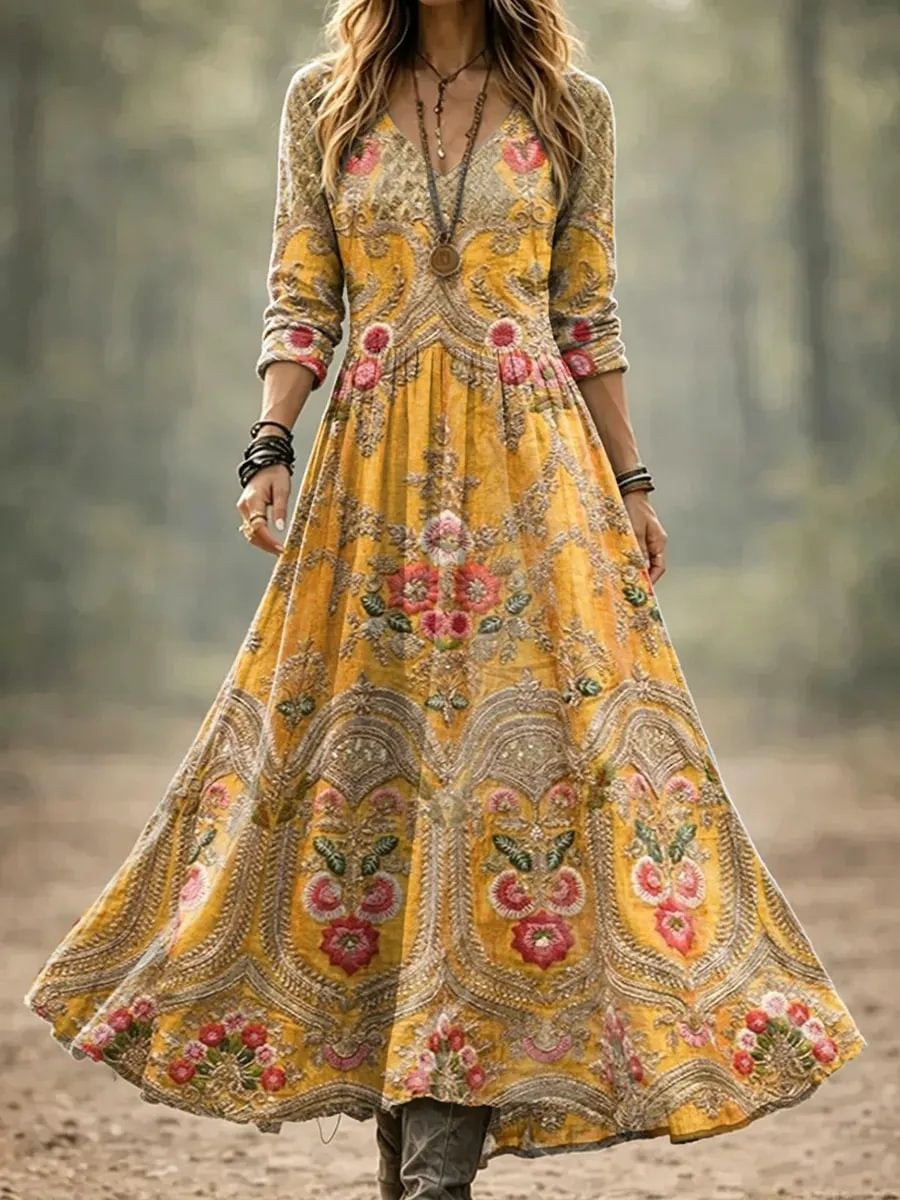 Women's Vintage Floral Print Cotton Maxi Dress