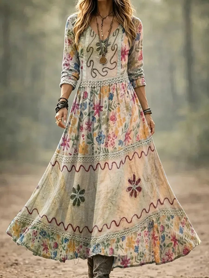 Women's Boho Floral Watercolor Print Cotton Maxi Dress