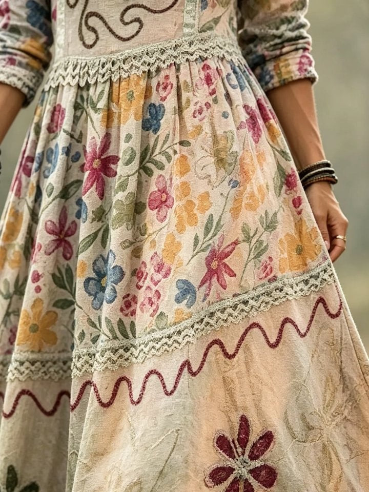 Women's Boho Floral Watercolor Print Cotton Maxi Dress