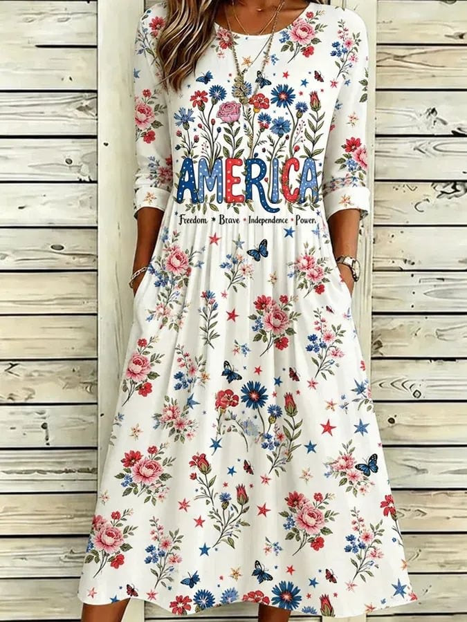 Women's American Patriotic Floral Slogan Print Round Neck Midi Dress