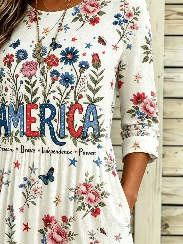 Women's American Patriotic Floral Slogan Print Round Neck Midi Dress