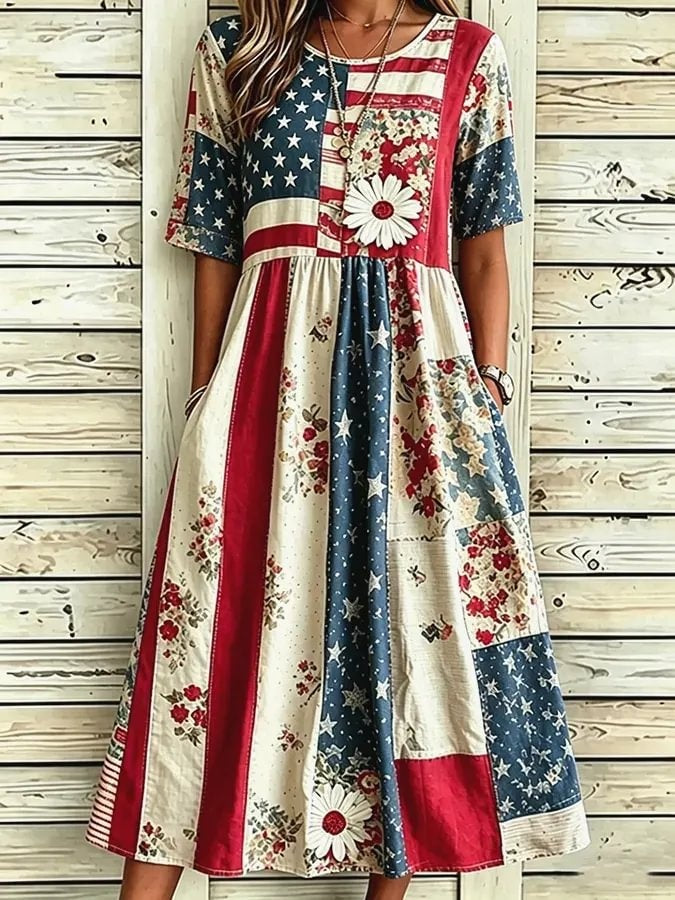 Women's American Flag Floral Patchwork Print Round Neck Midi Dress