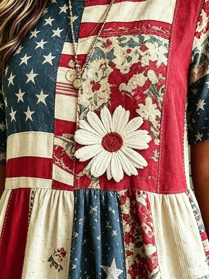 Women's American Flag Floral Patchwork Print Round Neck Midi Dress