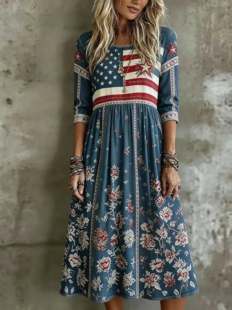 Women's Independence Day Floral Print Round-Neck Dress