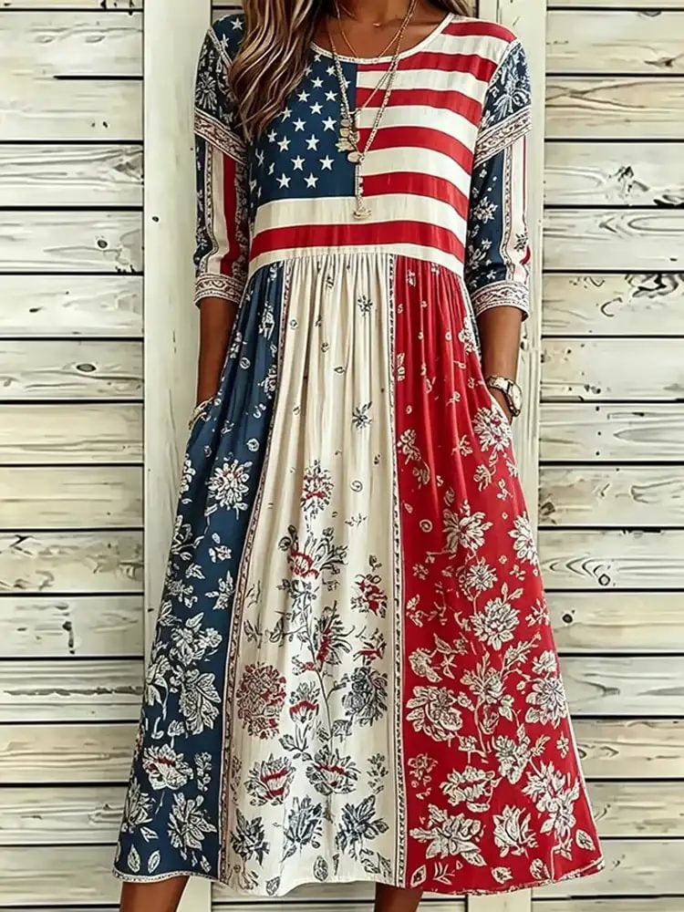 Women's Independence Day Floral Print Round-Neck Dress