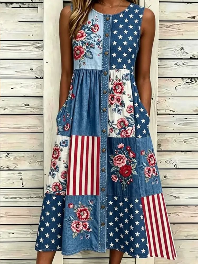 Women's Independence Day Floral Patchwork Art Print Denim Round-neck Sleeveless Dress