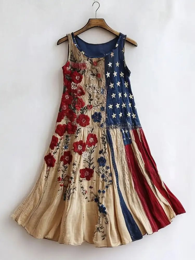 Women's Independence Day Floral Print Artistic Print Round-neck Sleeveless Dress