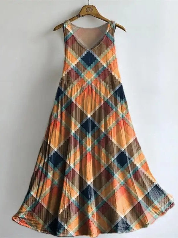 Women's Sleeveless Dress With Artistic Checkered Print
