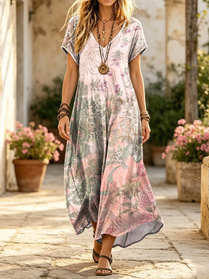 Women's Retro Ethnic Floral Art Print Casual Short-sleeve V-neck Cotton Dress