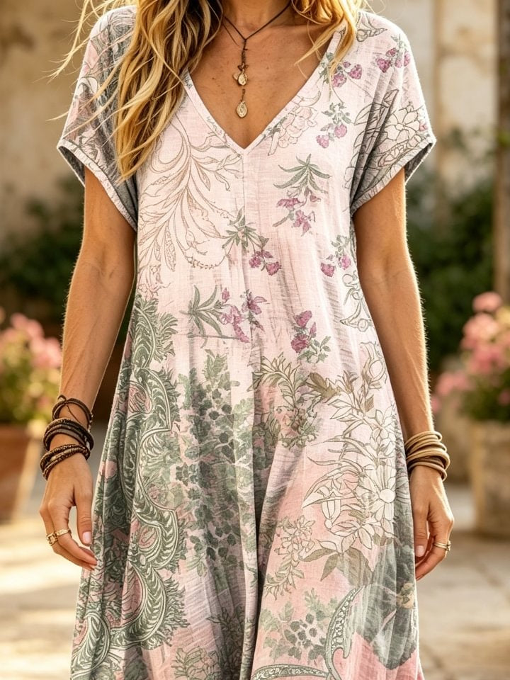 Women's Retro Ethnic Floral Art Print Casual Short-sleeve V-neck Cotton Dress
