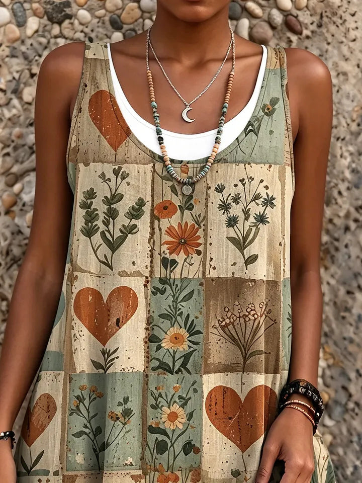 Retro Bohemia Patchwork Flowers Women's Art Print Sleeveless Midi Dress