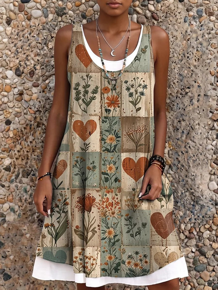 Retro Bohemia Patchwork Flowers Women's Art Print Sleeveless Midi Dress