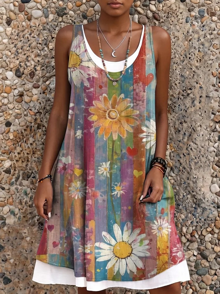 Ethnicity Colorful Patchwork Flowers Women's Art Print Sleeveless Midi Dress