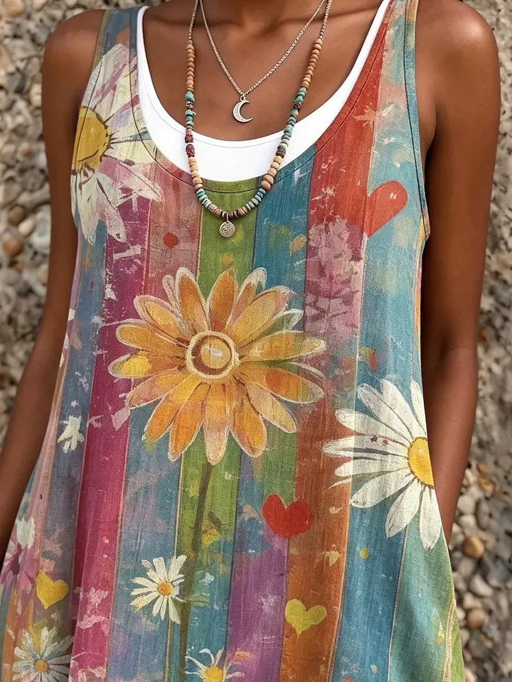 Ethnicity Colorful Patchwork Flowers Women's Art Print Sleeveless Midi Dress