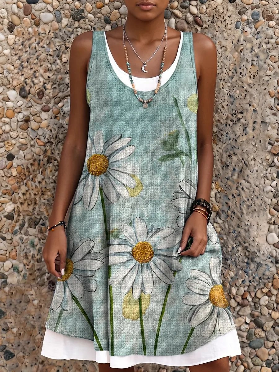 Ethnicity Bohemian Style Flowers Women's Art Print Sleeveless Midi Dress
