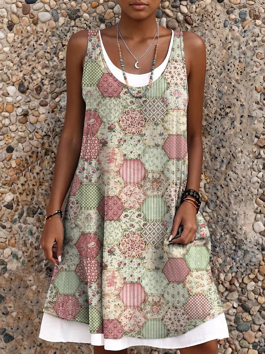 Ethnicity Bohemia Patchwork Flowers Women's Art Print Sleeveless Midi Dress