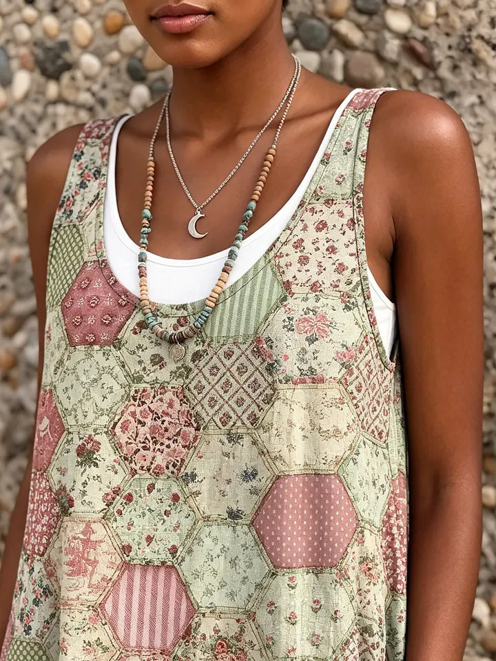 Ethnicity Bohemia Patchwork Flowers Women's Art Print Sleeveless Midi Dress