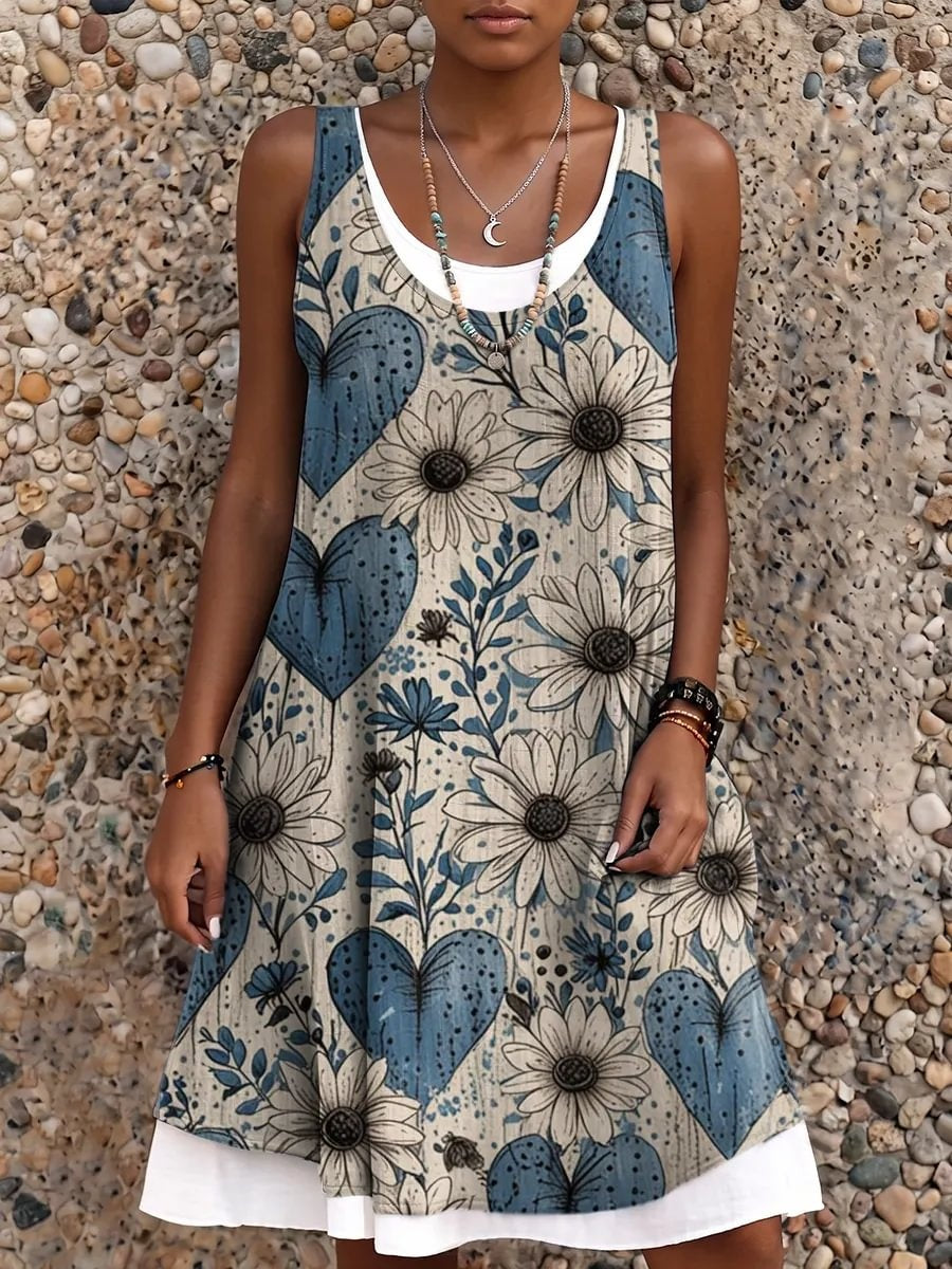 Ethnicity Bohemian Style Flowers Love Women's Art Print Sleeveless Midi Dress