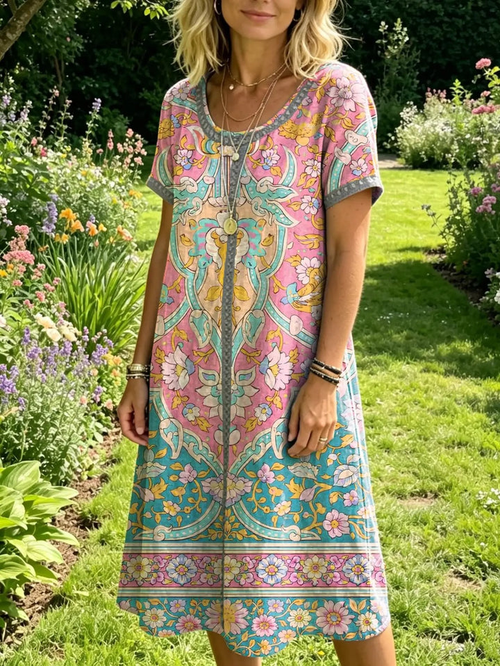 Women's Floral-print Artistic Embroidered Sheer Round-neck Short-sleeve Dress