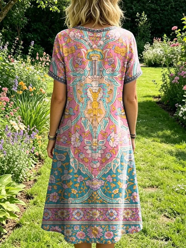 Women's Floral-print Artistic Embroidered Sheer Round-neck Short-sleeve Dress
