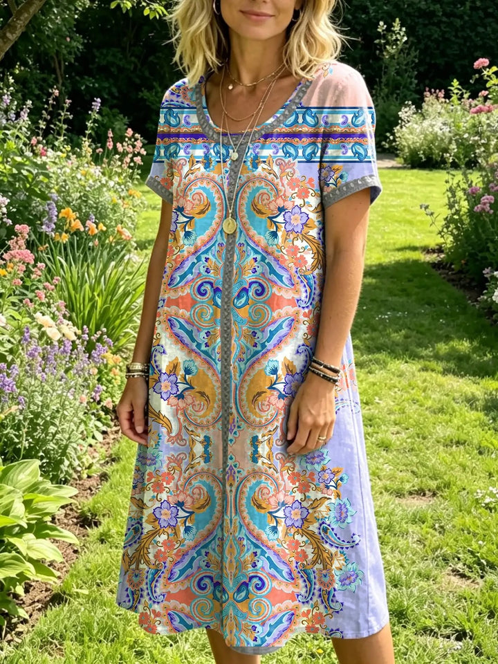 Women's Floral-print Artistic Embroidered Sheer Round-neck Short-sleeve Dress