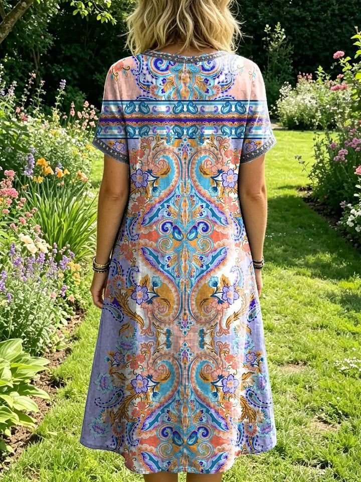 Women's Floral-print Artistic Embroidered Sheer Round-neck Short-sleeve Dress