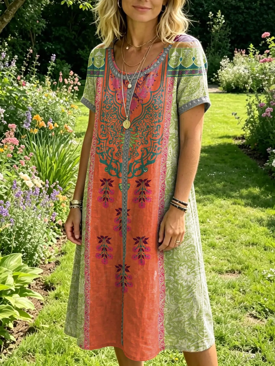 Women's Floral-print Artistic Embroidered Sheer Round-neck Short-sleeve Dress