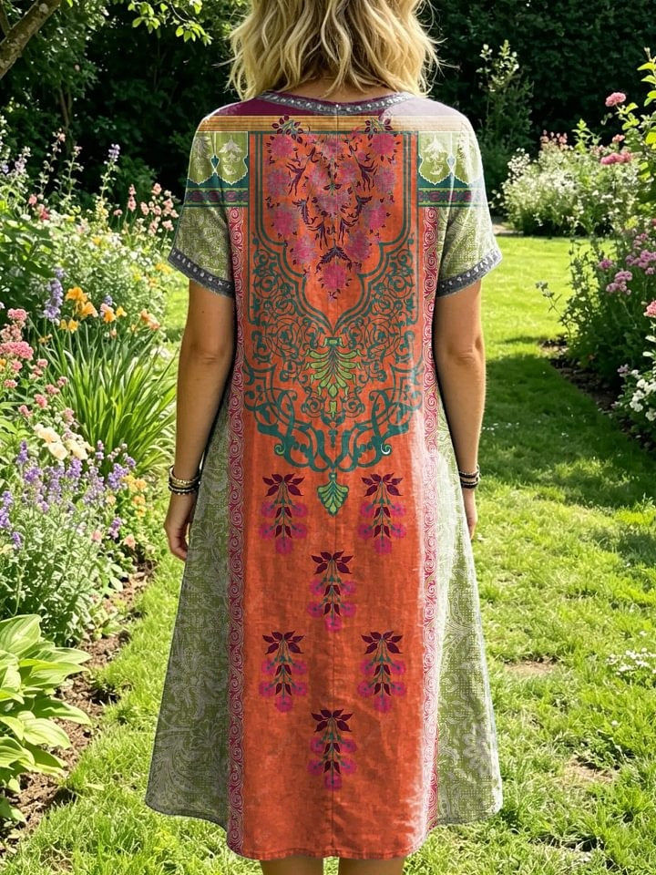 Women's Floral-print Artistic Embroidered Sheer Round-neck Short-sleeve Dress