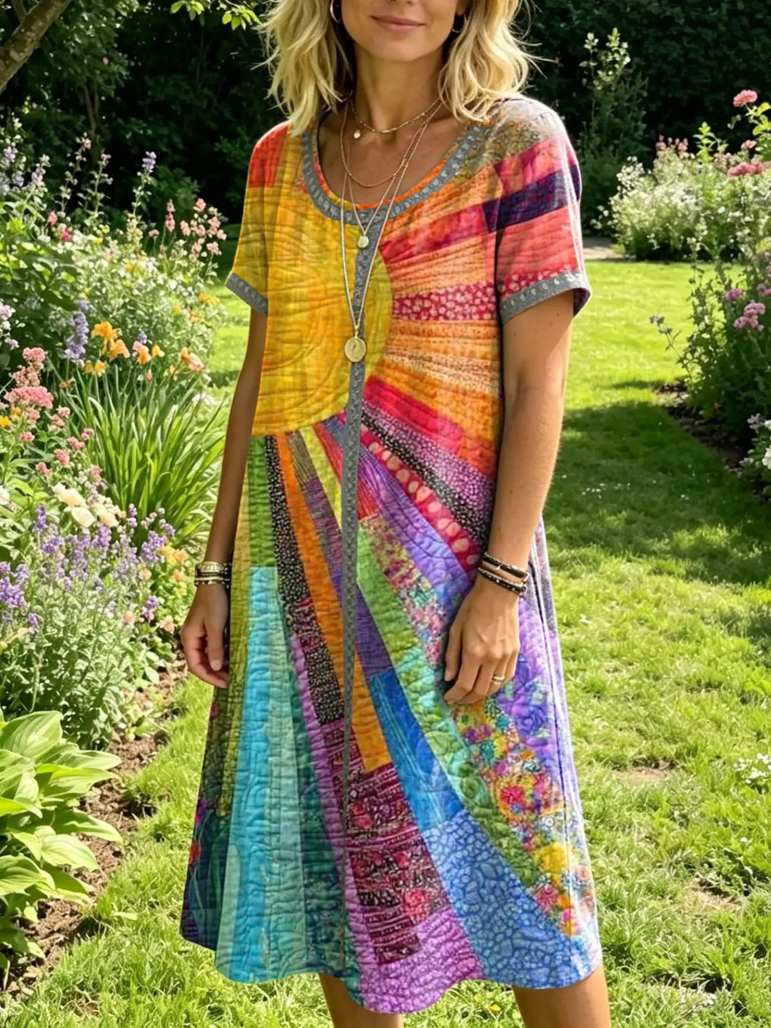 Women's Bohemian Patchwork Sun Print Artistic Openwork Round-neck Short-sleeve Dress