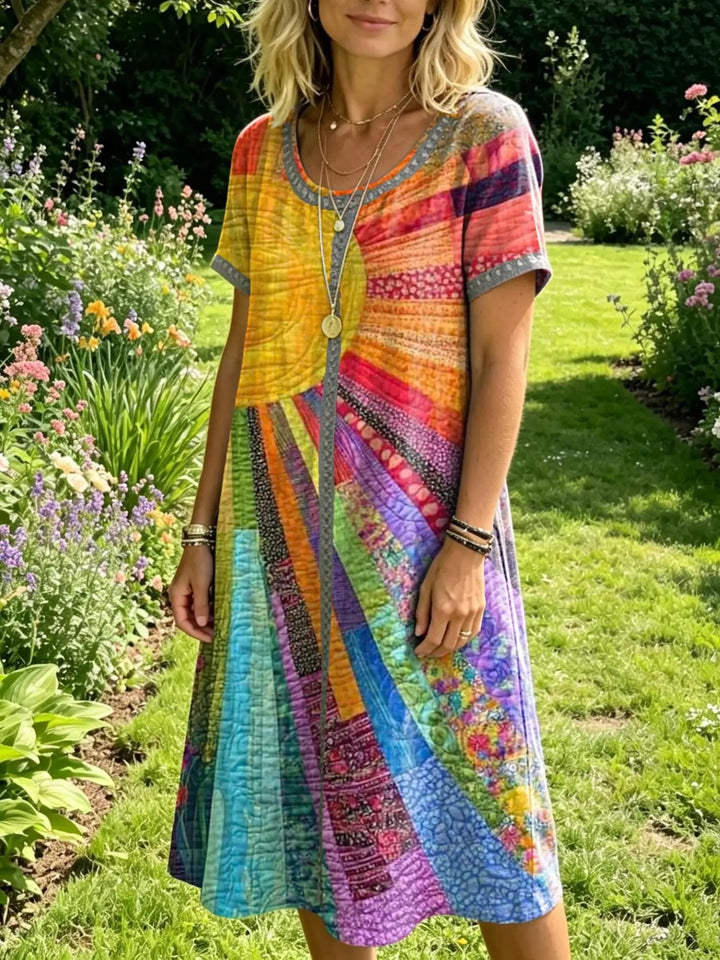 Women's Bohemian Patchwork Sun Print Artistic Openwork Round-neck Short-sleeve Dress