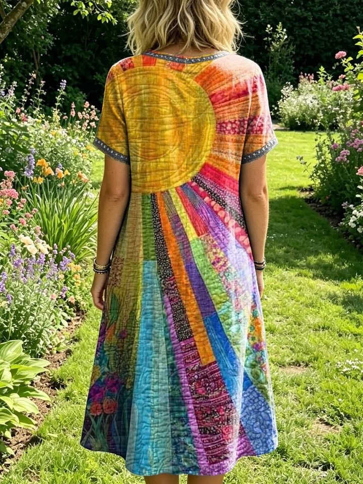 Women's Bohemian Patchwork Sun Print Artistic Openwork Round-neck Short-sleeve Dress