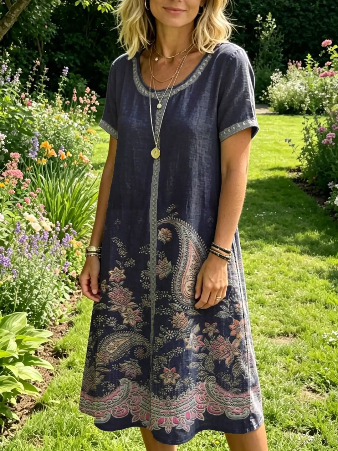 Women's Floral-print Artistic Embroidered Sheer Round-neck Short-sleeve Dress