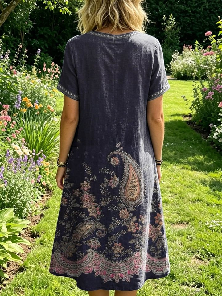 Women's Floral-print Artistic Embroidered Sheer Round-neck Short-sleeve Dress