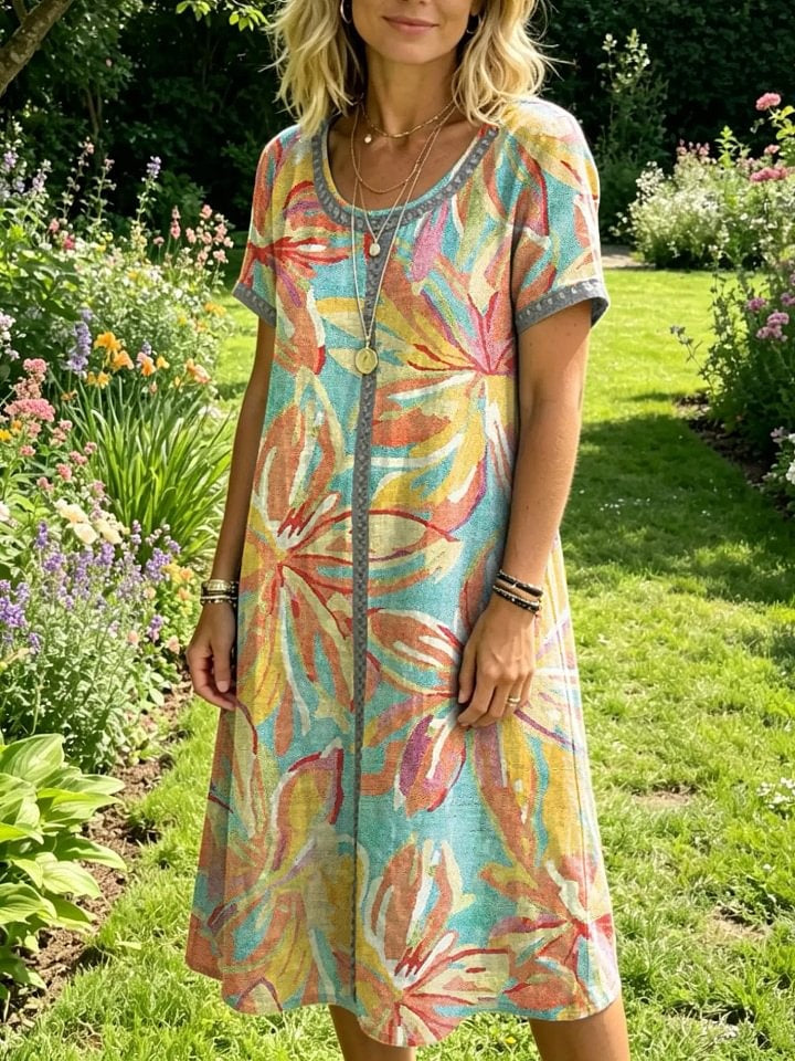 Women's Floral-print Artistic Embroidered Sheer Round-neck Short-sleeve Dress