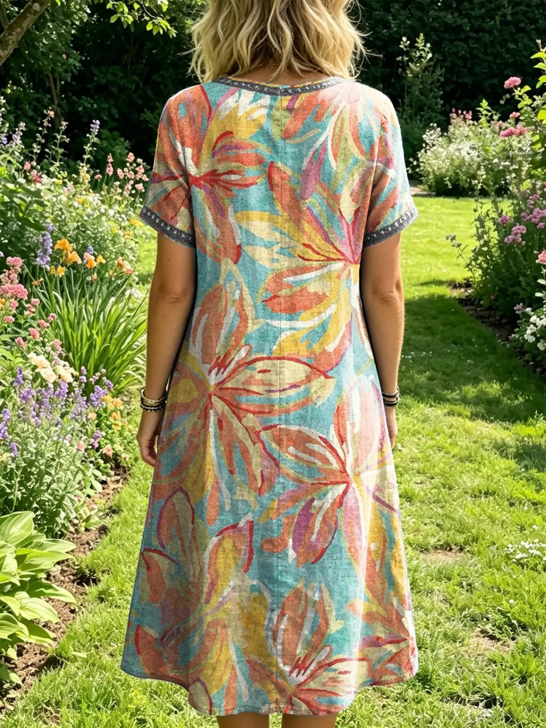 Women's Floral-print Artistic Embroidered Sheer Round-neck Short-sleeve Dress