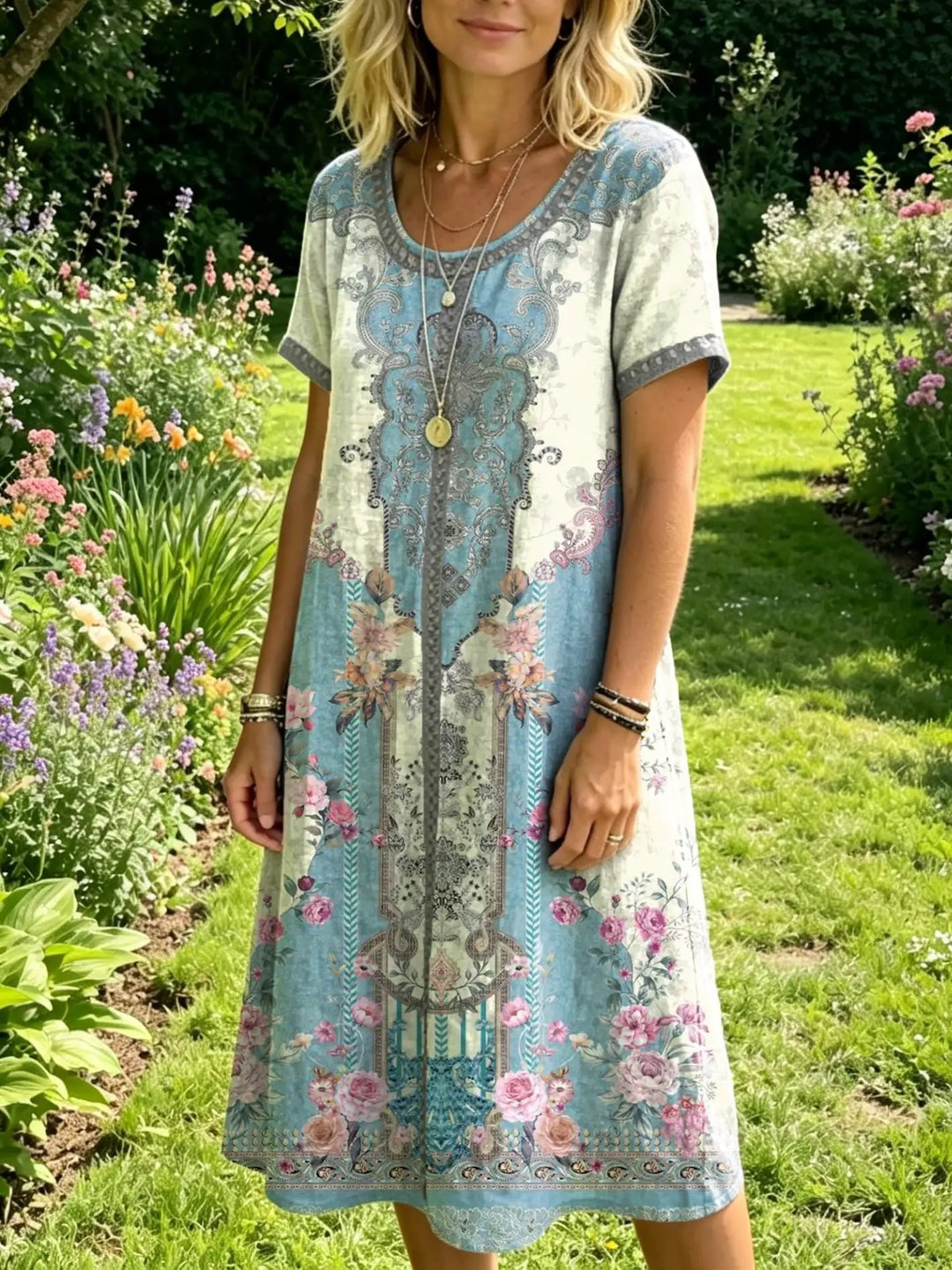 Women's Floral-print Artistic Embroidered Sheer Round-neck Short-sleeve Dress