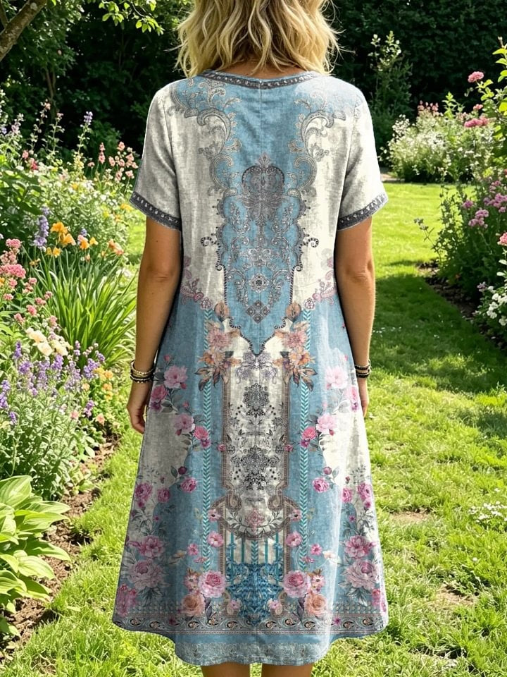 Women's Floral-print Artistic Embroidered Sheer Round-neck Short-sleeve Dress