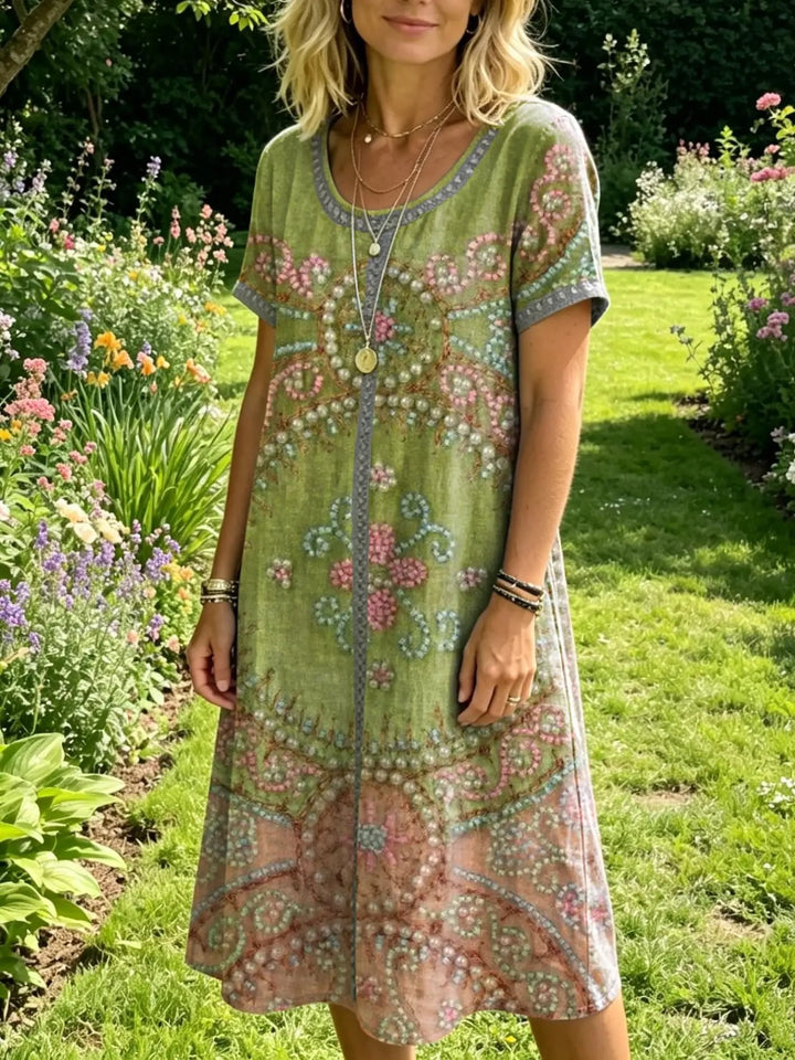 Women's Floral-print Artistic Embroidered Sheer Round-neck Short-sleeve Dress