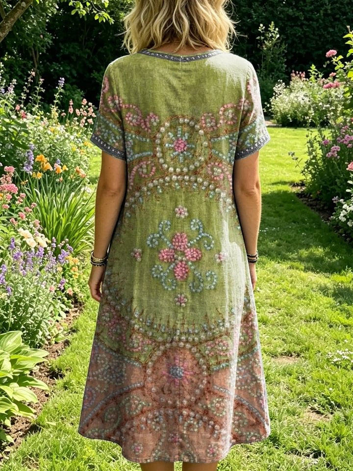 Women's Floral-print Artistic Embroidered Sheer Round-neck Short-sleeve Dress