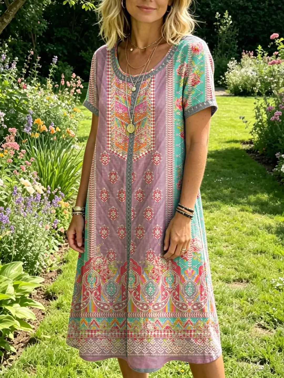Women's Floral-print Artistic Embroidered Sheer Round-neck Short-sleeve Dress