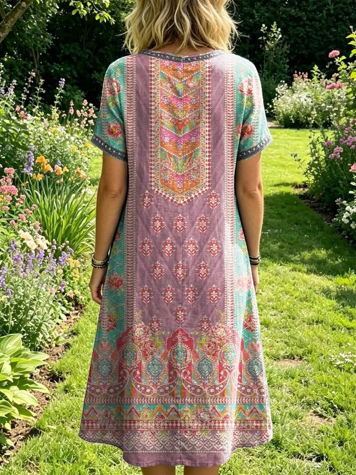 Women's Floral-print Artistic Embroidered Sheer Round-neck Short-sleeve Dress