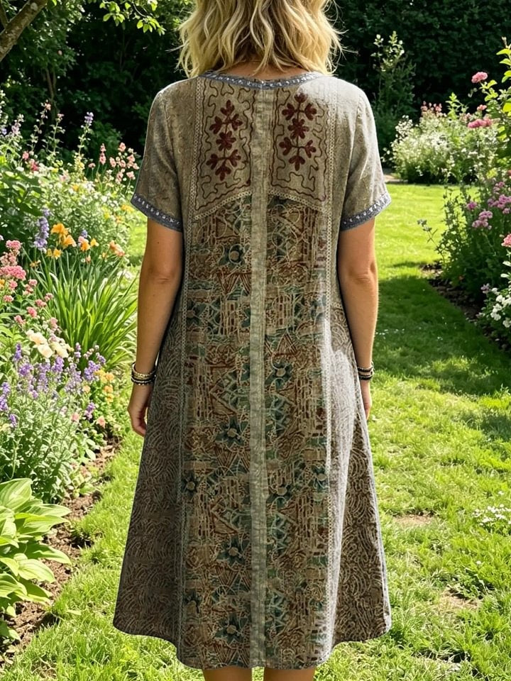 Women's Vintage Ethnic-print Artistic Openwork Round-neck Short-sleeve Dress