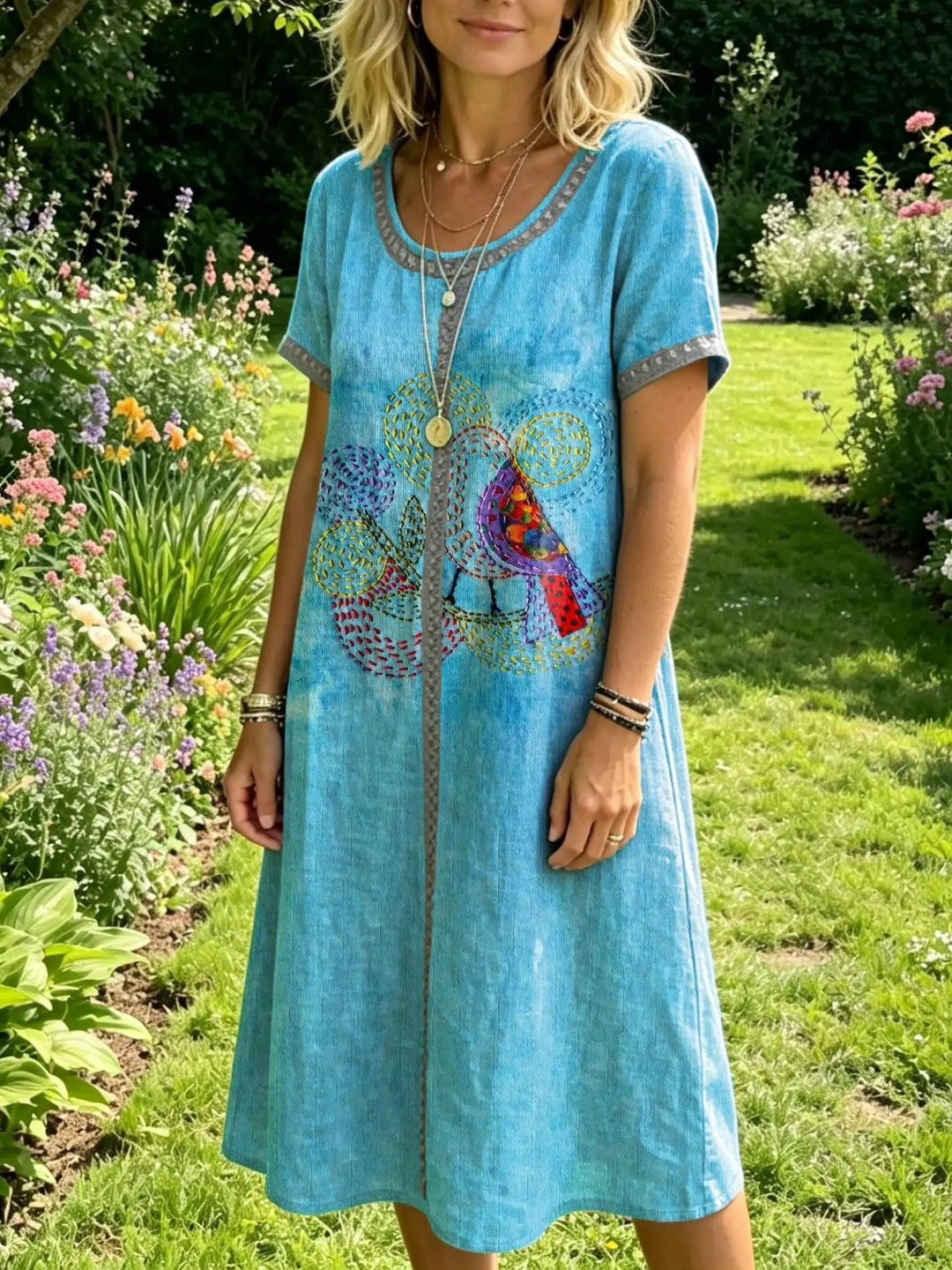 Women's Short-sleeve Round-neck Dress With Artistic Bird Print And Cutout Details