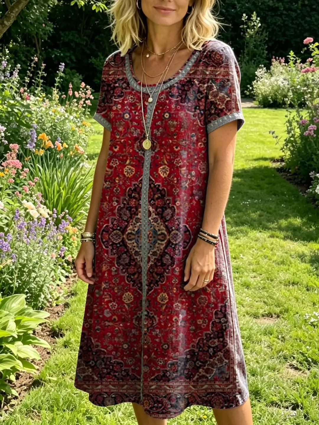 Women's Vintage Ethnic-Print Artistic Openwork Round-Neck Short-Sleeve Dress