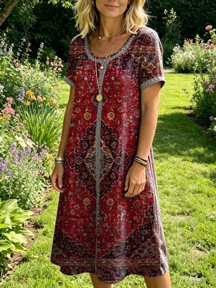 Women's Vintage Ethnic-Print Artistic Openwork Round-Neck Short-Sleeve Dress